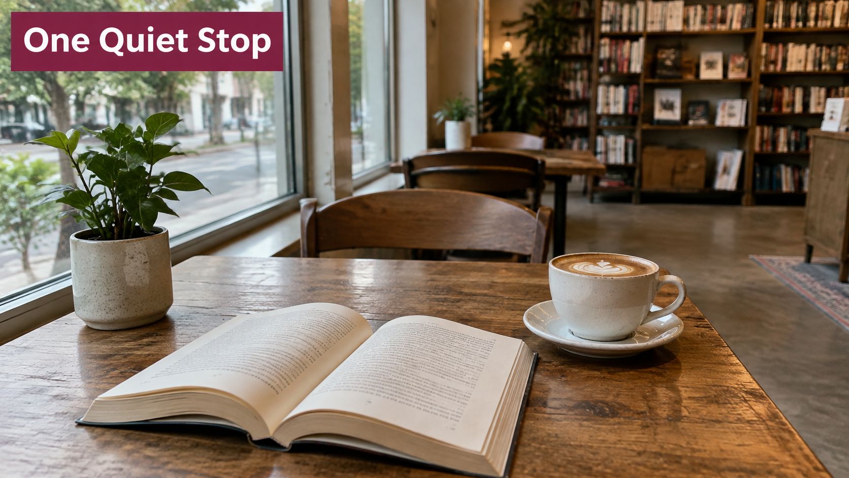 A cozy open book and a cup of latte on a wooden table in a bookstore cafe.