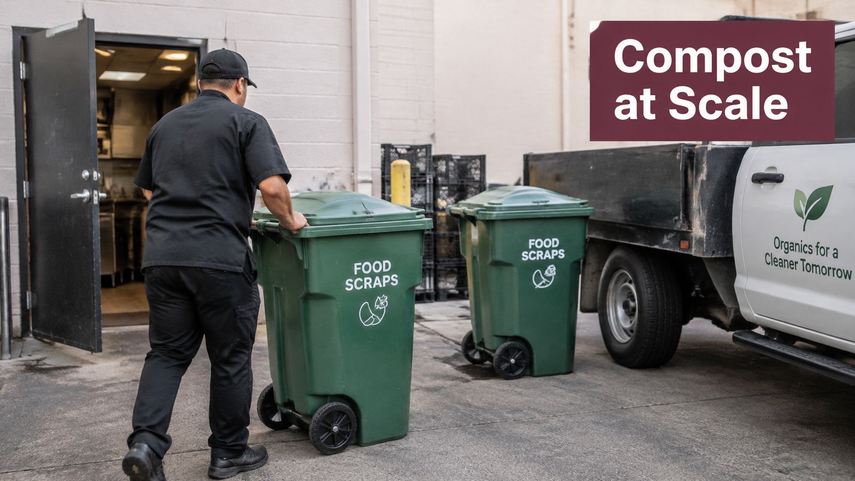 A restaurant worker pushing a green food scrap compost bin toward a collection truck for waste recycling.