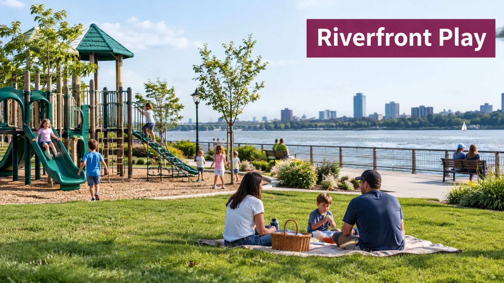 A family enjoys a picnic on a sunny day at a riverside park with a playground nearby.