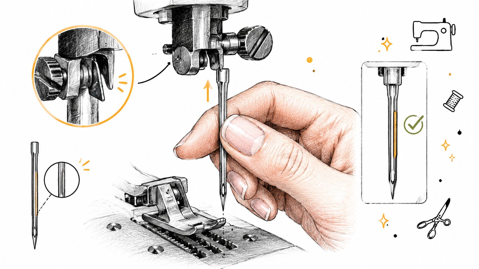 An illustration showing how to properly insert and align a needle into a sewing machine.