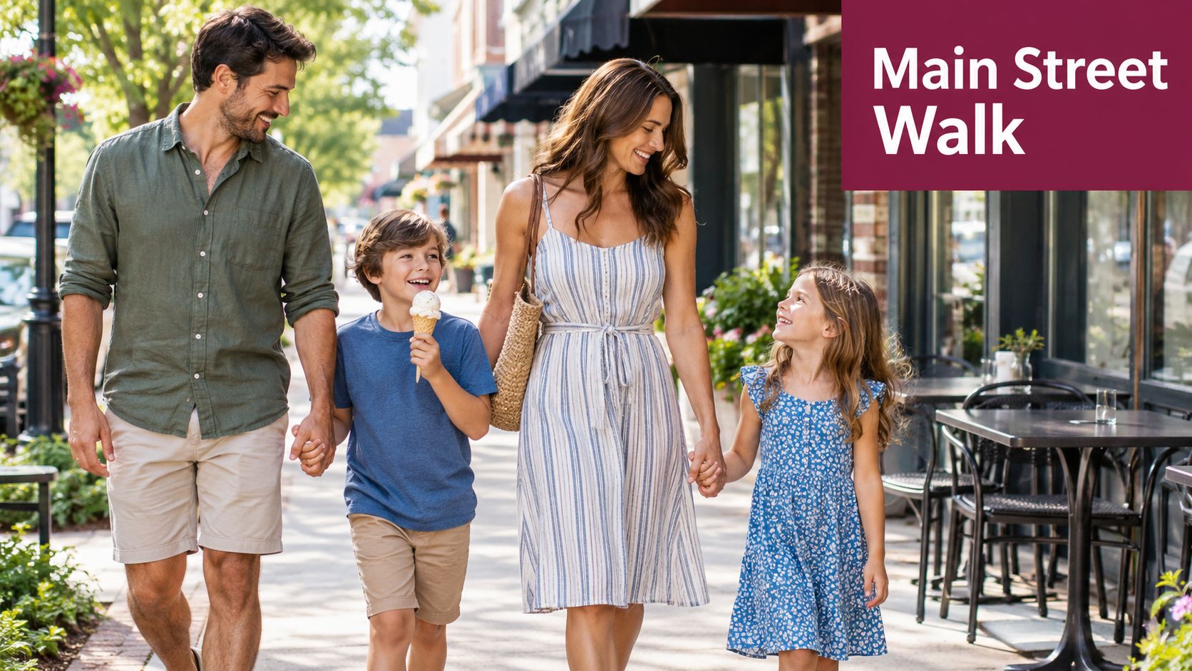 A happy family of four walking down a sunny street together while eating ice cream.