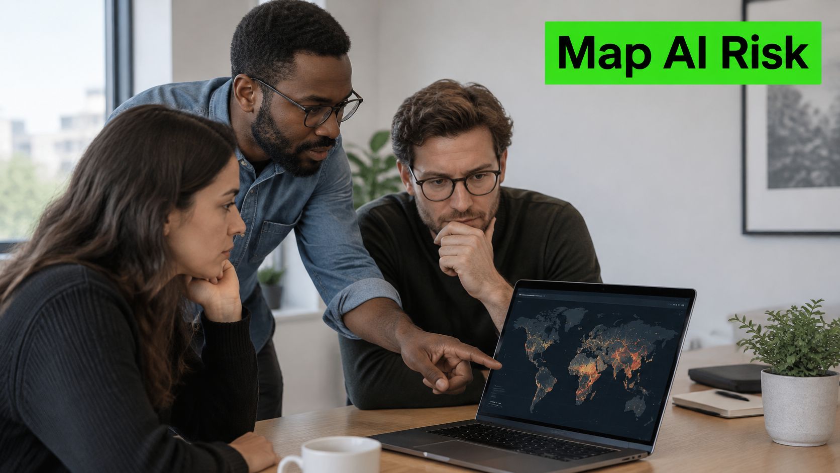 A diverse team of professionals collaboratively analyzing a global digital risk map on a laptop screen.