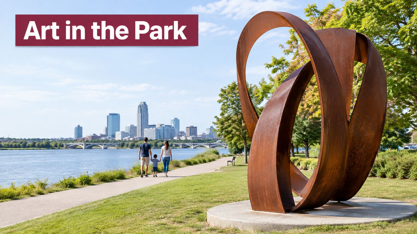 A family of three walking on a park path near a large abstract metal sculpture overlooking a city skyline.