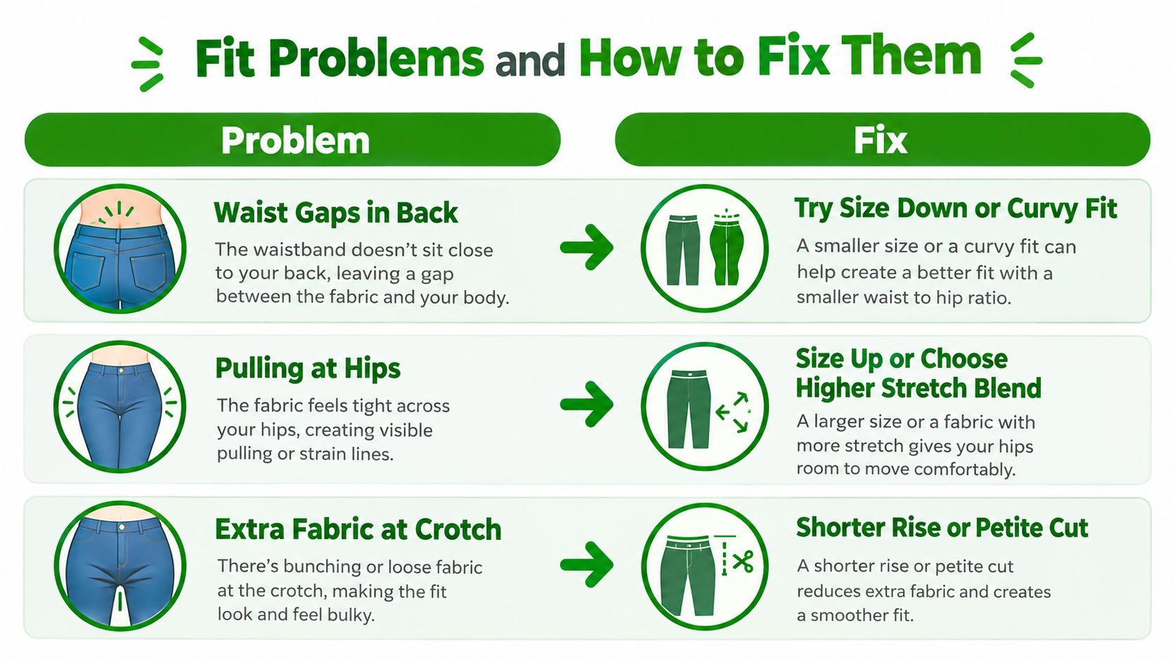A guide illustrating how to fix common fit problems with jeans, including waist gaps and pulling.