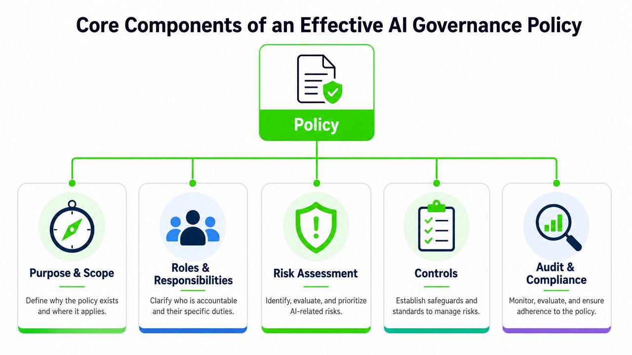 A diagram illustrating the five core components of an effective AI governance policy for organizational management.