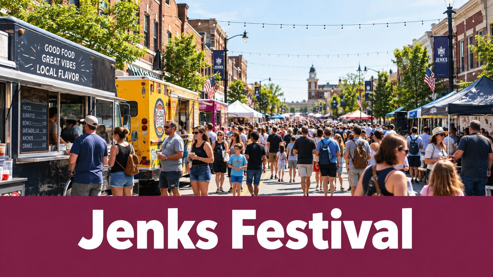 Crowd of people walking through a sunny street festival in Jenks with food trucks and vendors.