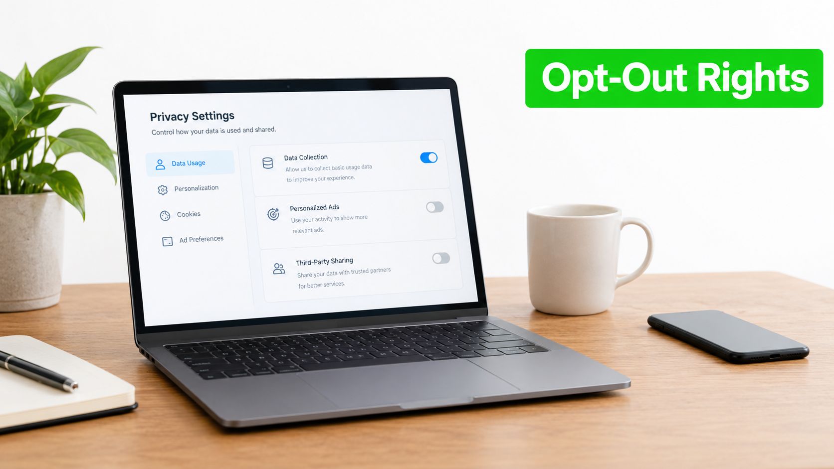 A laptop on a wooden desk displaying a privacy settings menu for managing user data preferences.