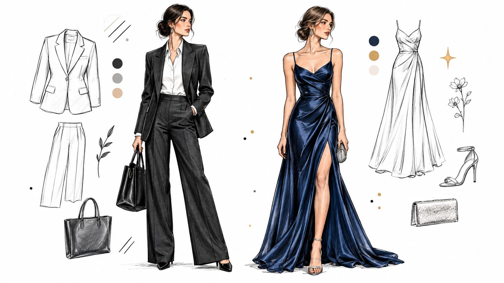 Fashion illustration showing a professional black pant suit outfit and an elegant blue satin evening gown.