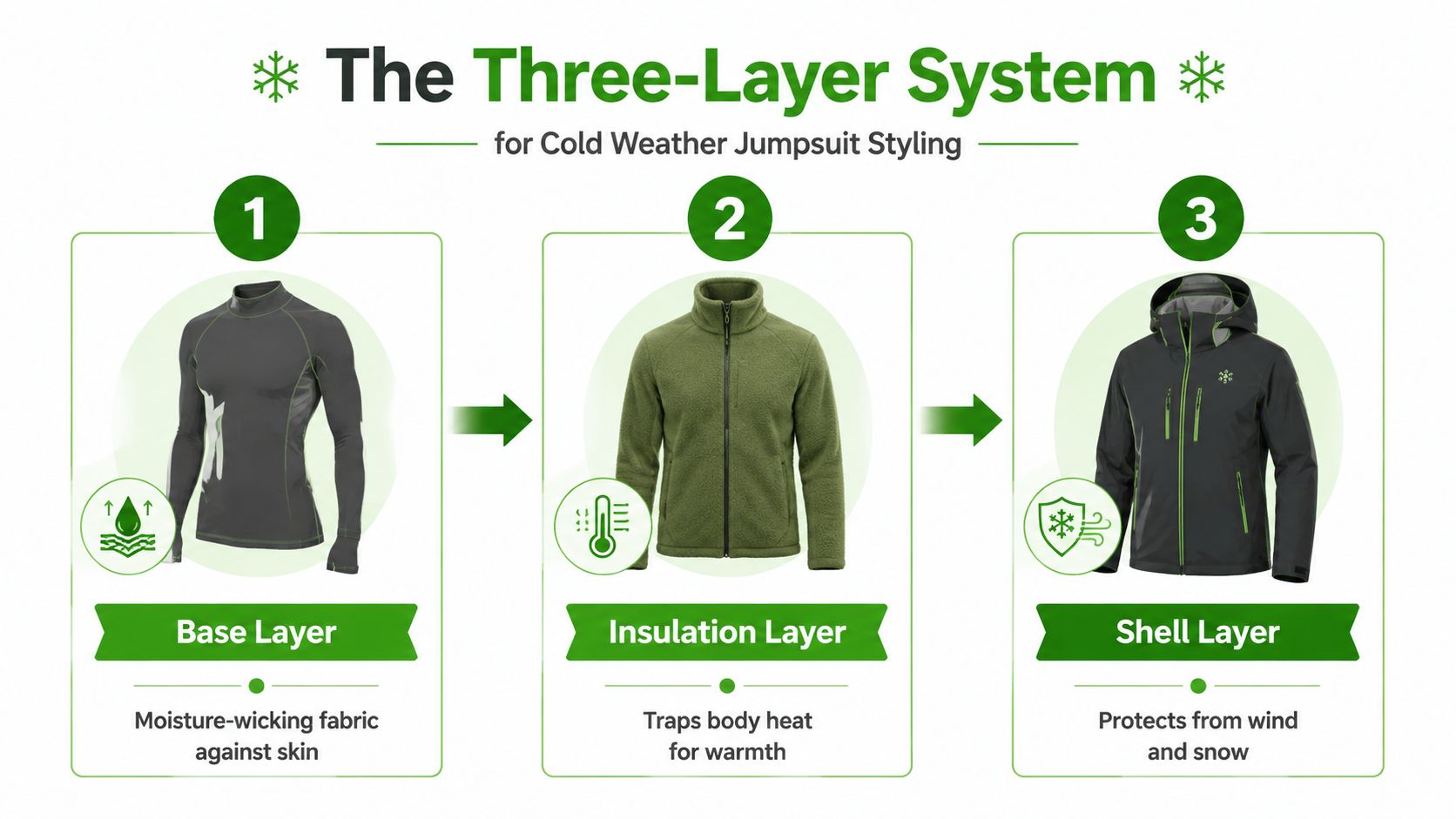 A diagram illustrating the three-layer clothing system for staying warm in cold weather during winter activities.