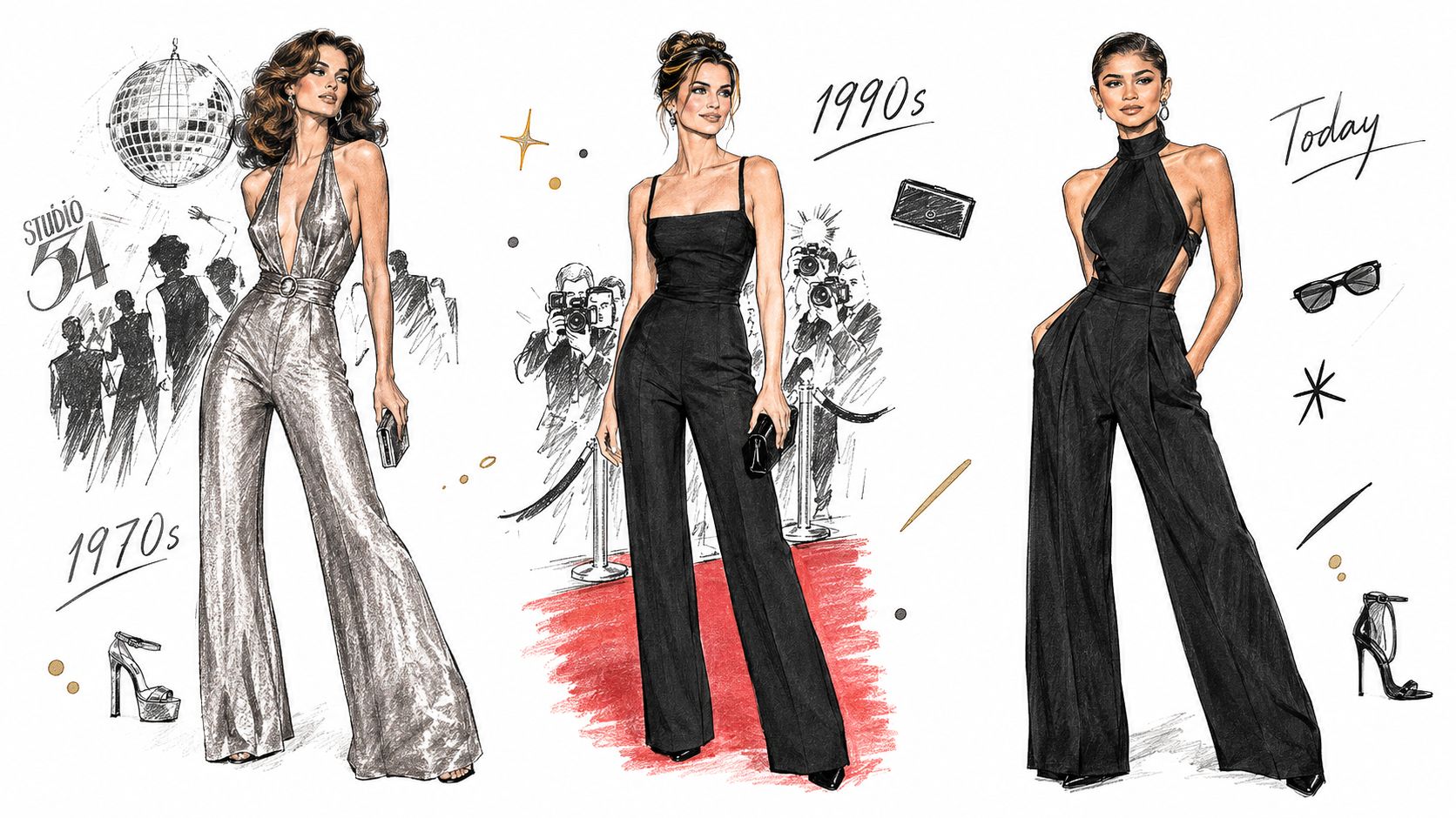 A fashion illustration showcasing the evolution of evening jumpsuits for women across three decades.