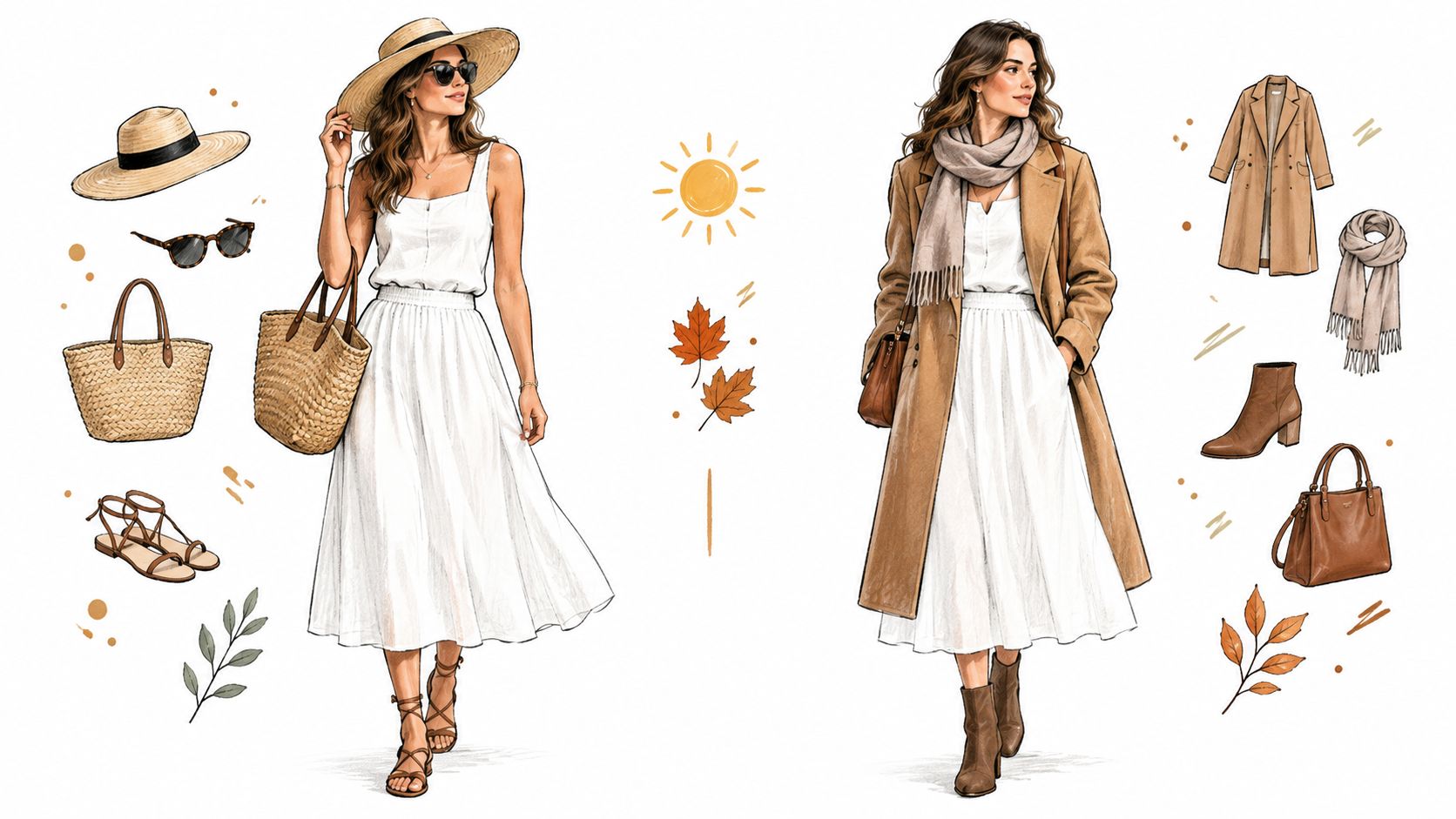 A fashion illustration showing a woman styled in a white skirt and top for both summer and autumn.