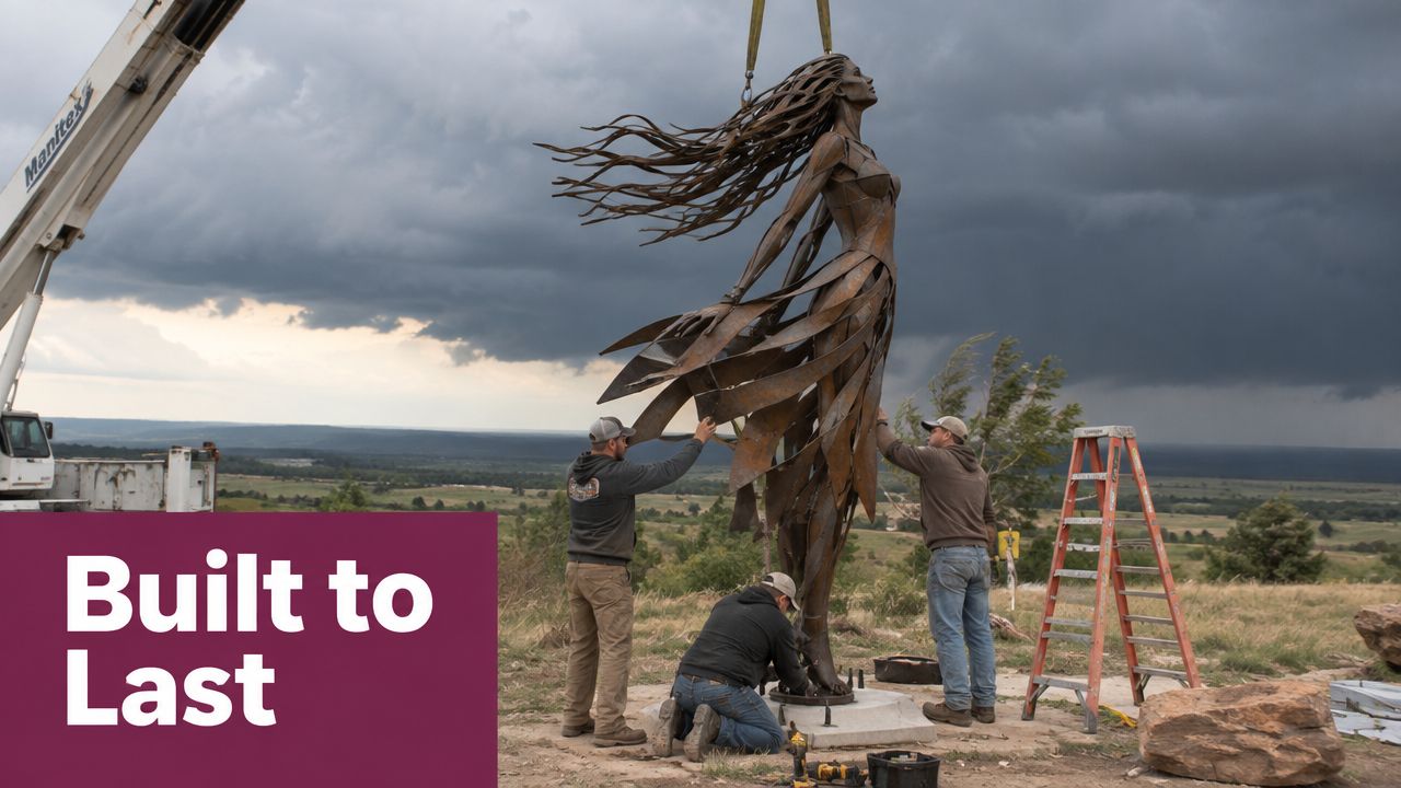 Construction workers carefully install a large, rust-colored metal sculpture of a woman on a grassy hilltop.