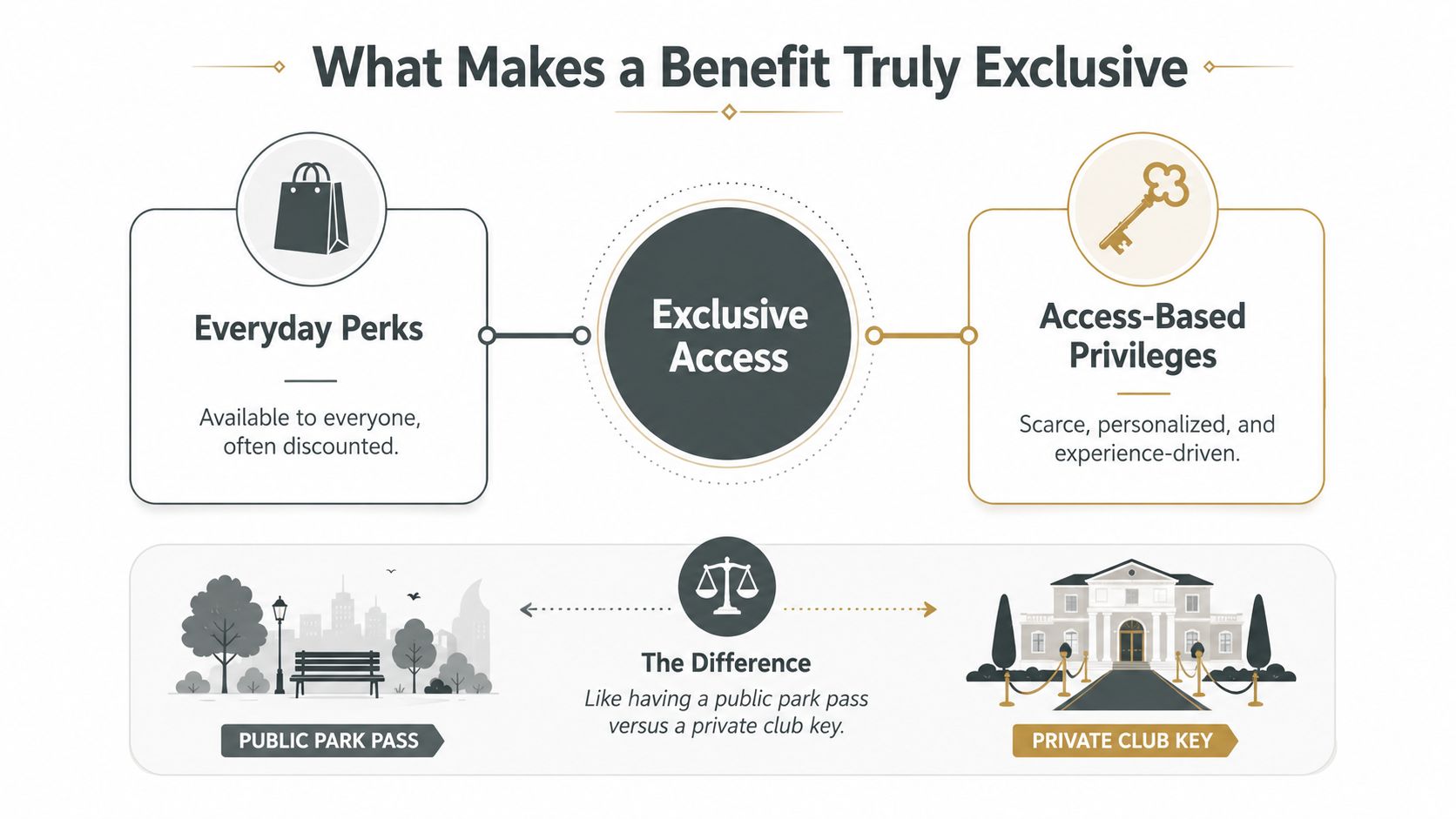 A diagram contrasting everyday perks with exclusive access, comparing public park passes to private club keys.