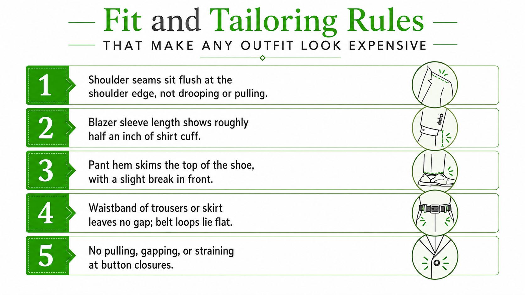 An infographic titled Fit and Tailoring Rules showcasing five essential tips for well-fitting professional clothing.