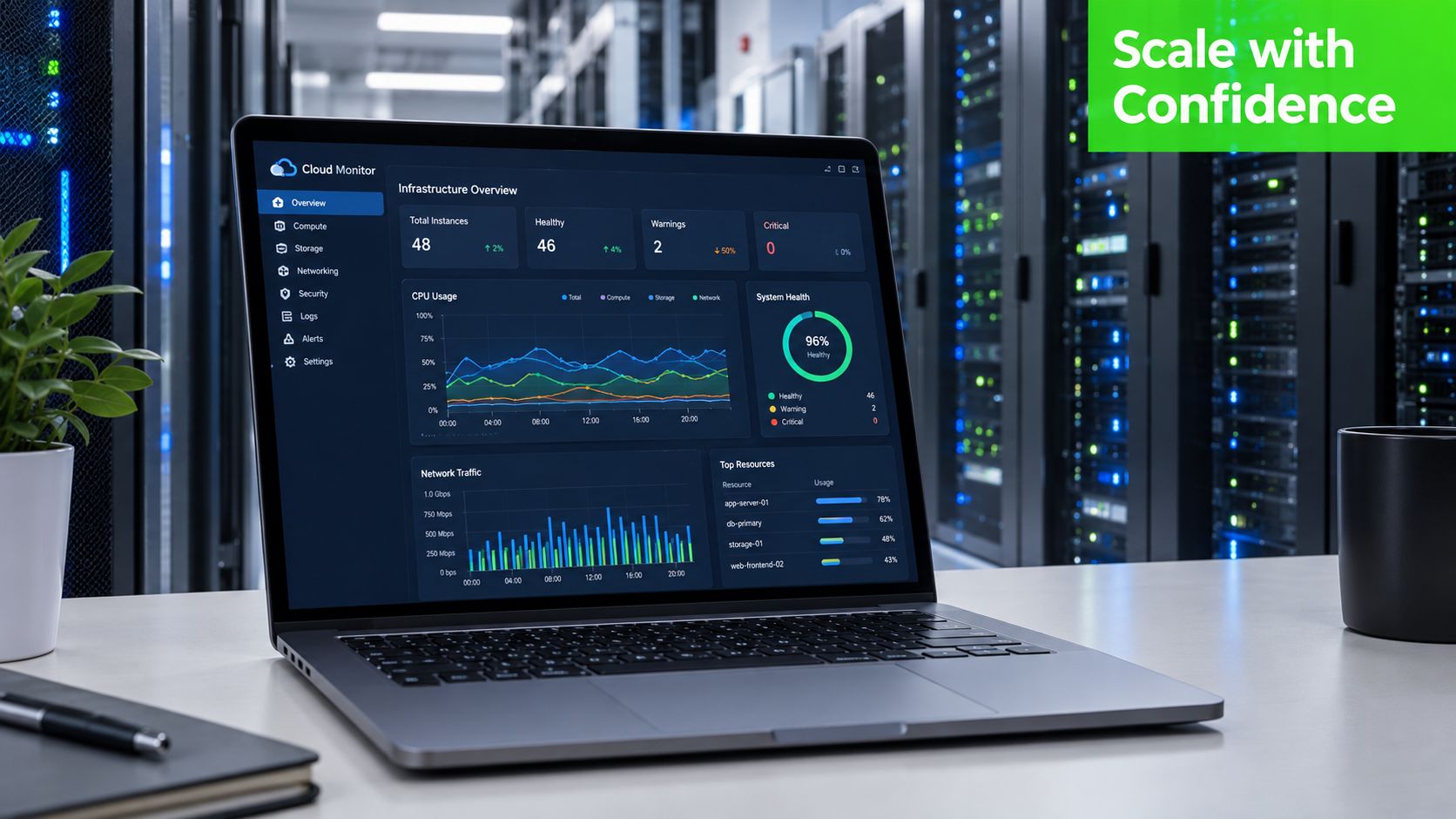 A laptop on a desk displaying a detailed cloud infrastructure monitoring dashboard in a server room.