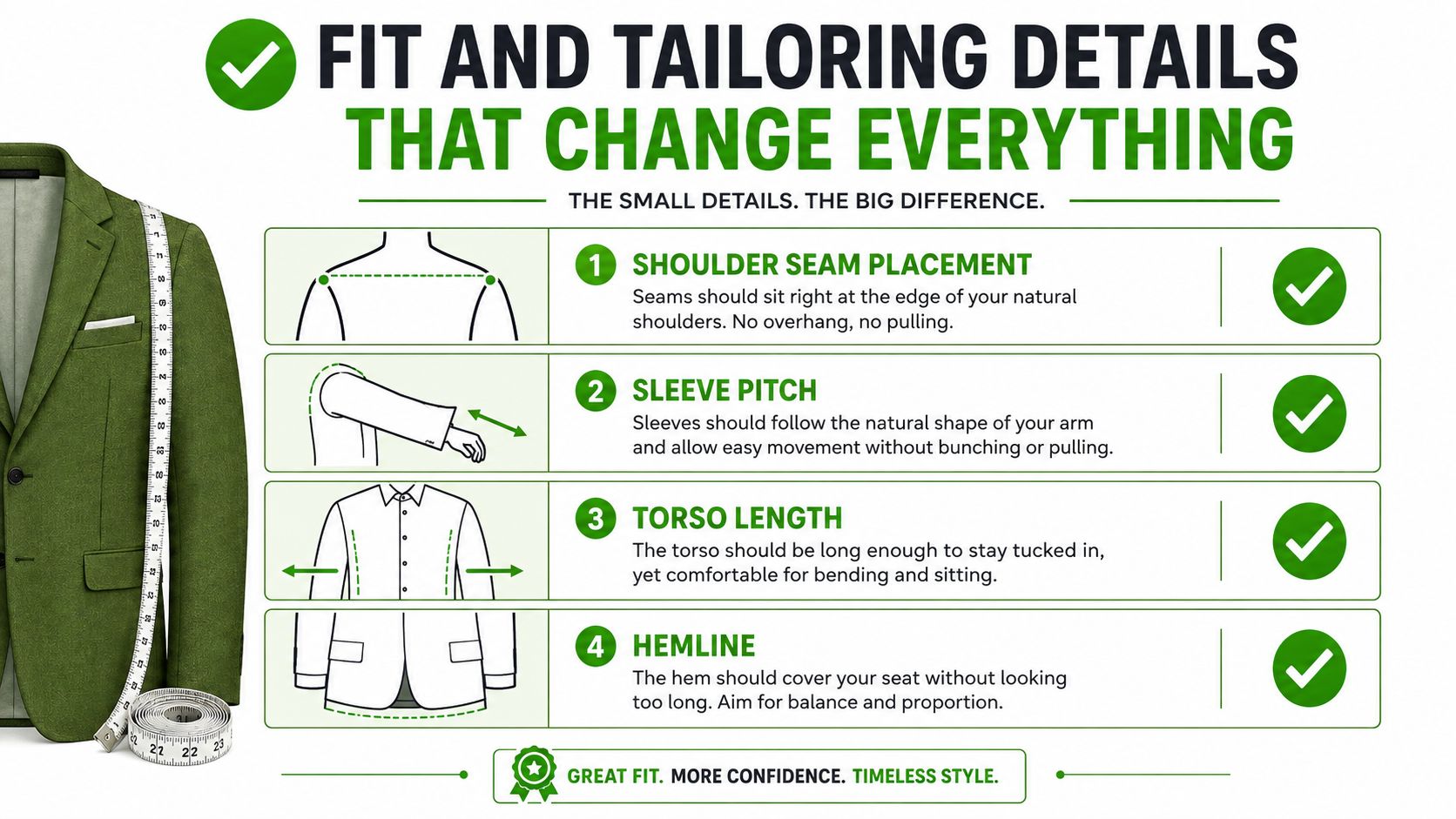 A detailed infographic explaining essential tailoring and fit tips for men's jackets and clothing.