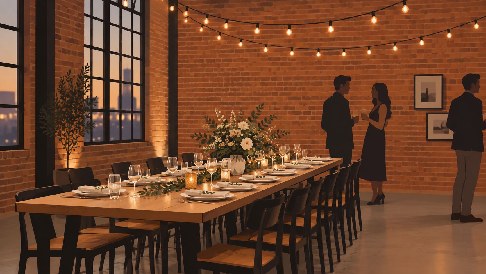 An elegant loft dining room setting with festive string lights and a couple talking in background.