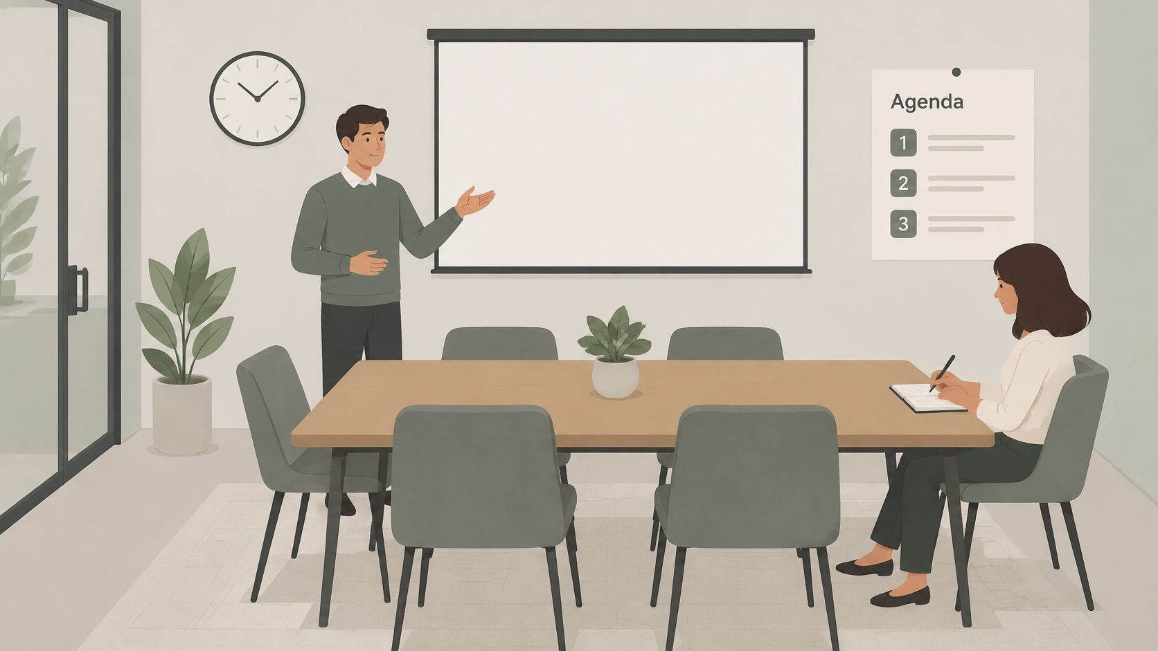 A professional man presents to a woman sitting at a table in a modern office meeting room.