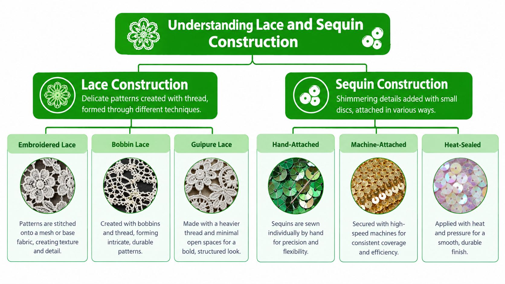 An infographic detailing various types of lace and sequin construction techniques used in garment design and manufacturing.