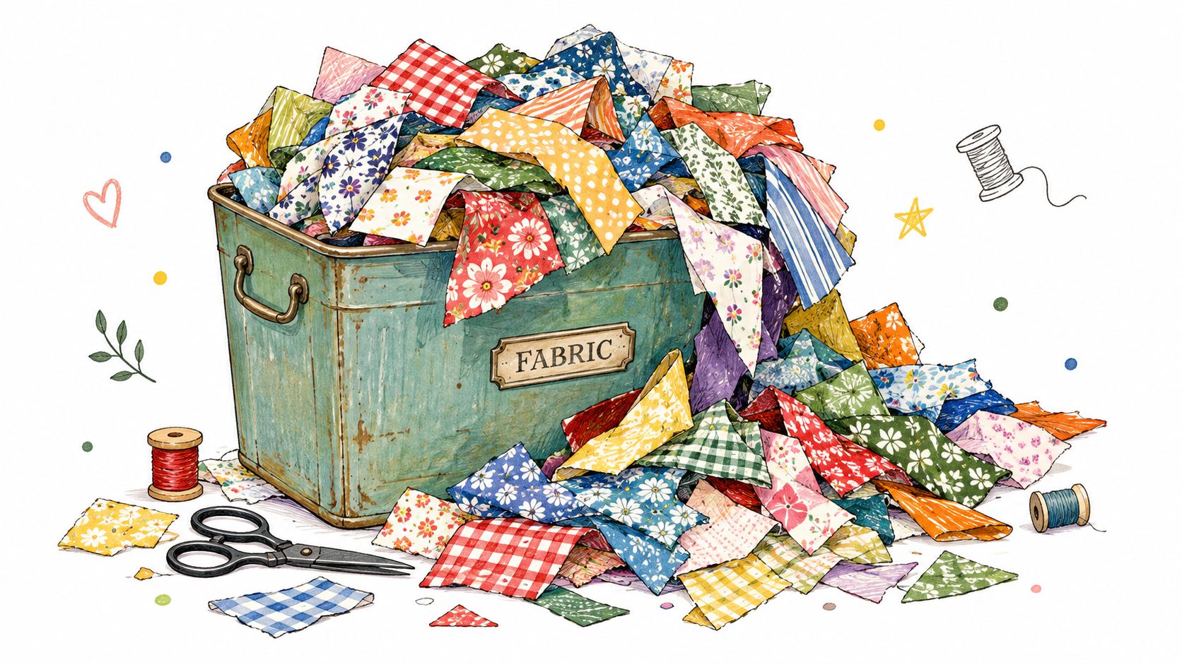 A rustic teal bin filled with colorful patterned fabric scraps, sewing scissors, and thread spools on white.