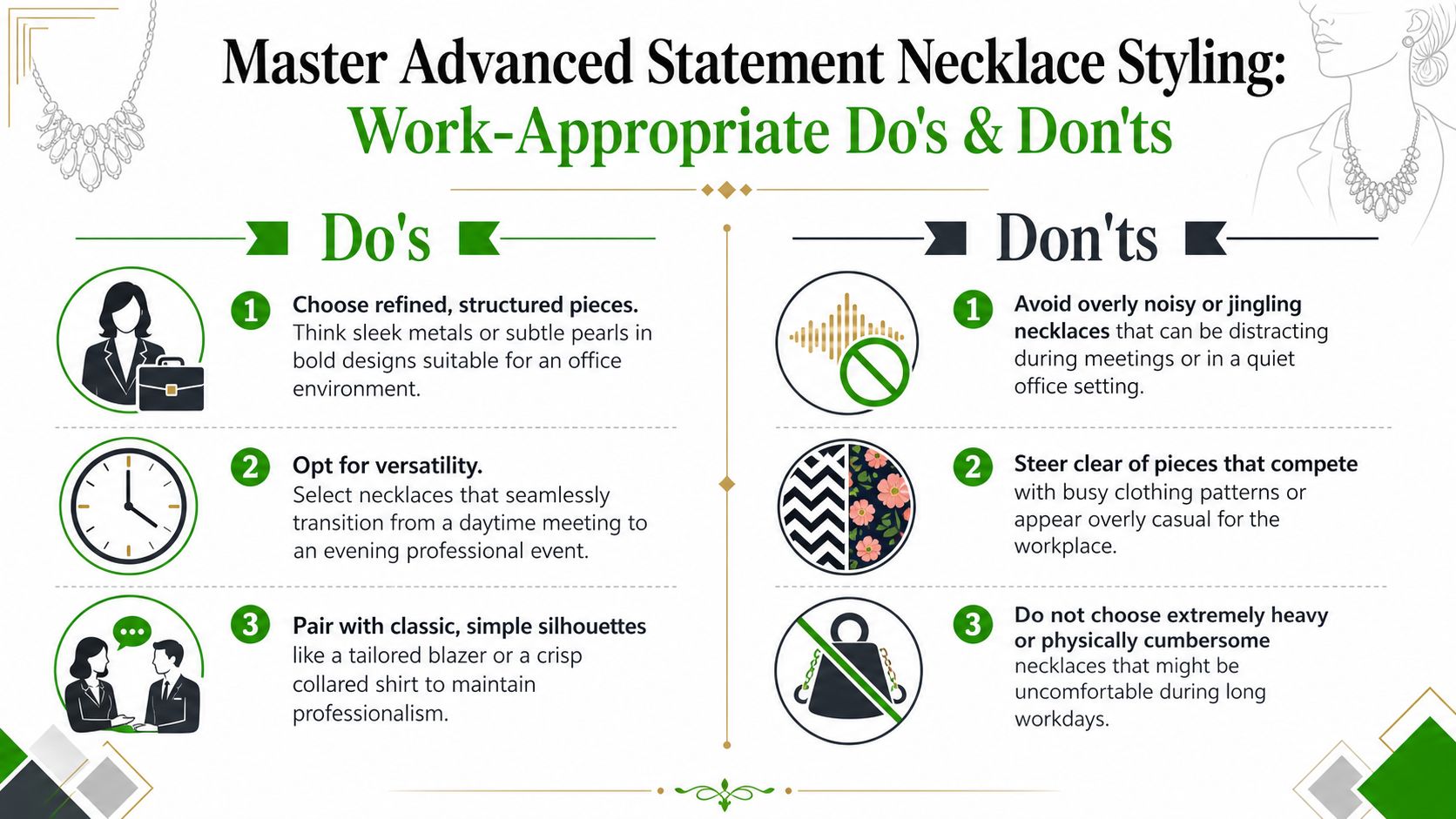An infographic detailing the do's and don'ts of styling statement necklaces for a professional office environment.