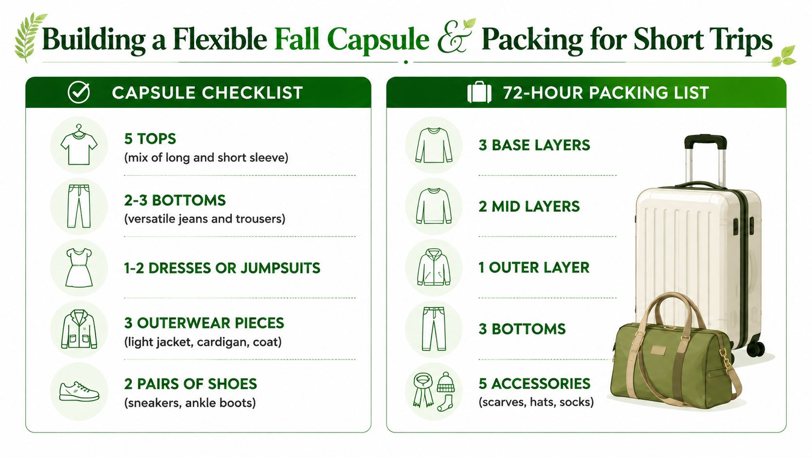 An infographic titled Building a Flexible Fall Capsule and Packing for Short Trips with two checklists.