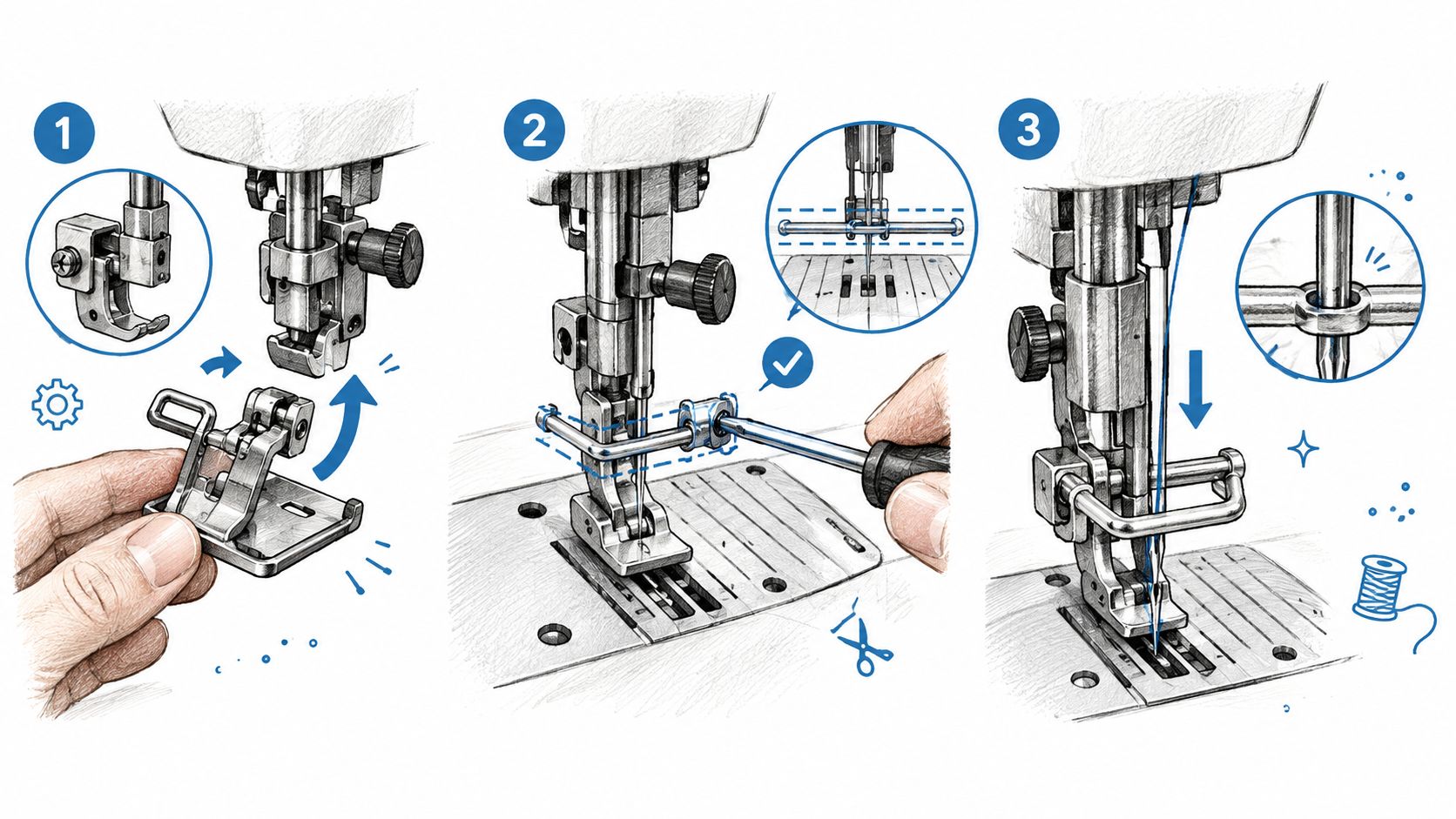 A three-step instructional illustration showing how to attach a finger guard accessory to a sewing machine presser foot.