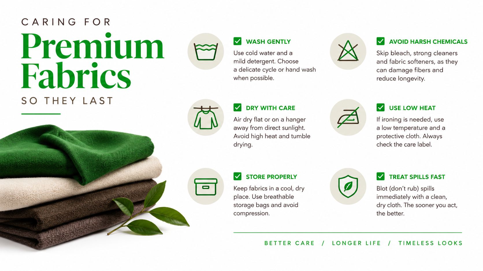 A helpful infographic guide with tips on how to properly care for premium luxury fabric garments.