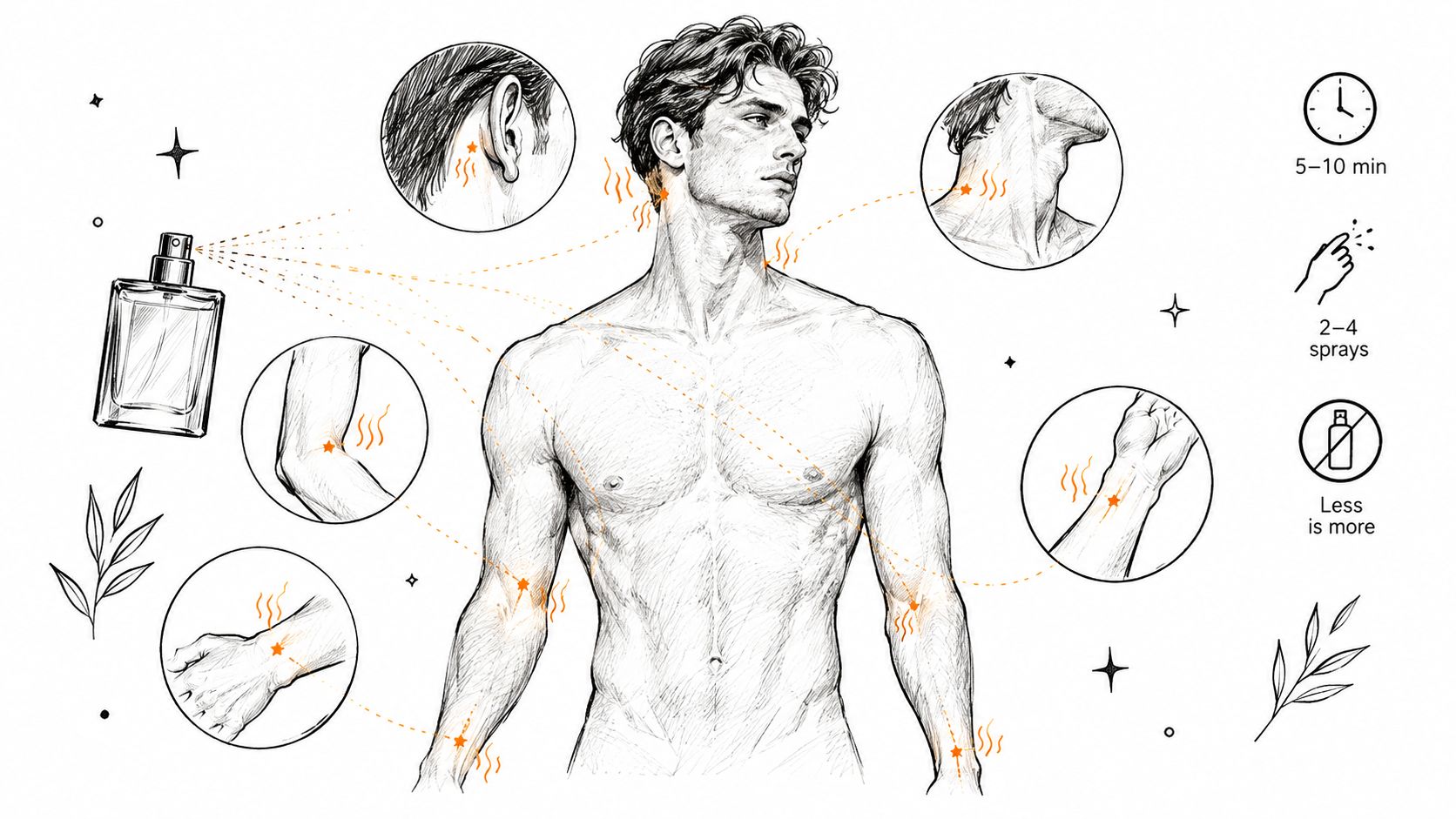 A diagram demonstrating optimal pulse points on a man's body for applying perfume for long-lasting fragrance.