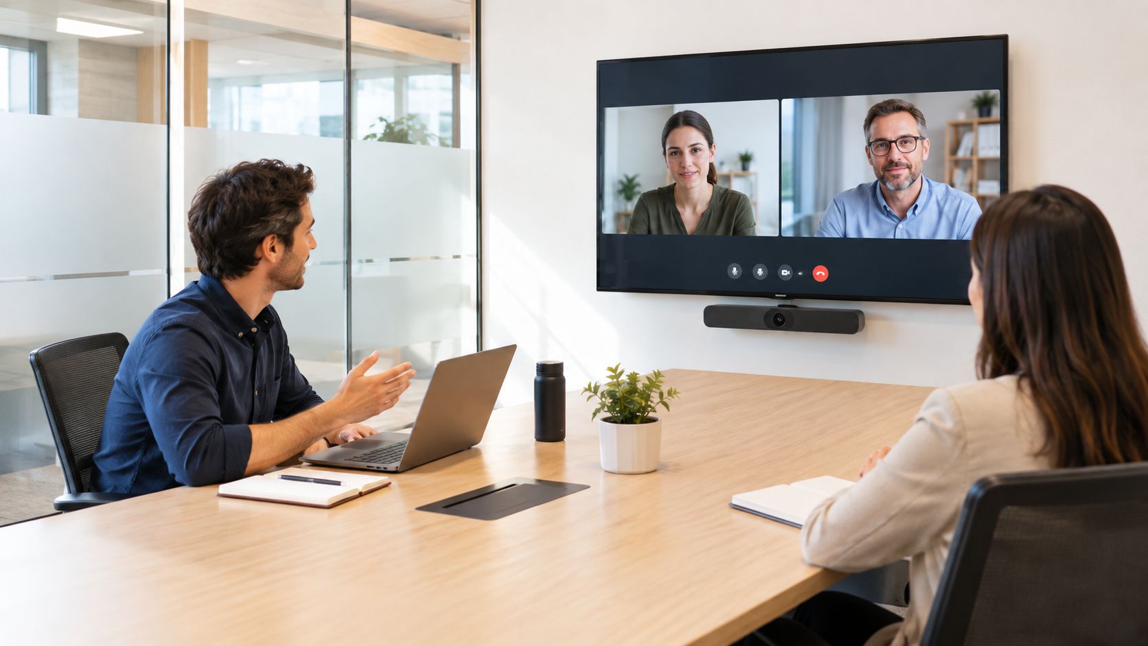 A man and woman participate in a professional video conference meeting within a bright office boardroom.