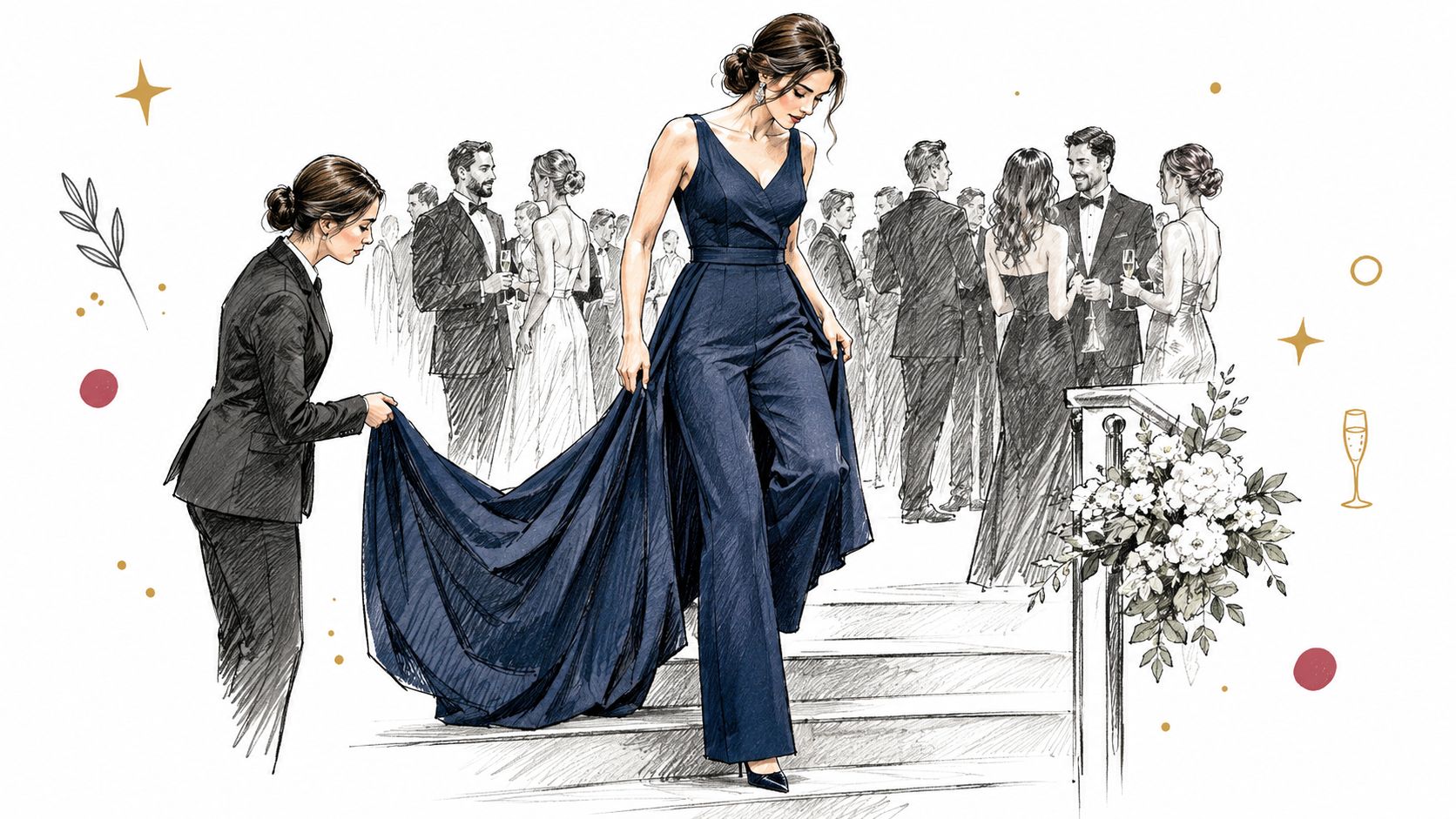 A elegant woman in a navy blue jumpsuit with a long train walking down stairs at gala.