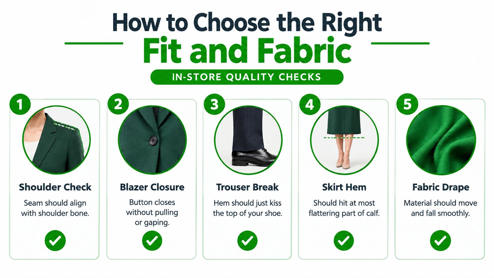An infographic showing five tips for checking the fit and fabric quality of women's co-ord suits.