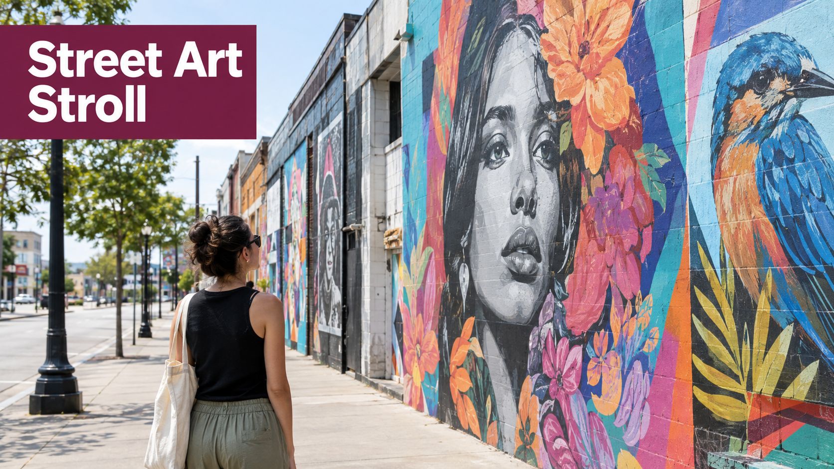 A young woman walking along a sidewalk, admiring colorful street art murals painted on a building wall.