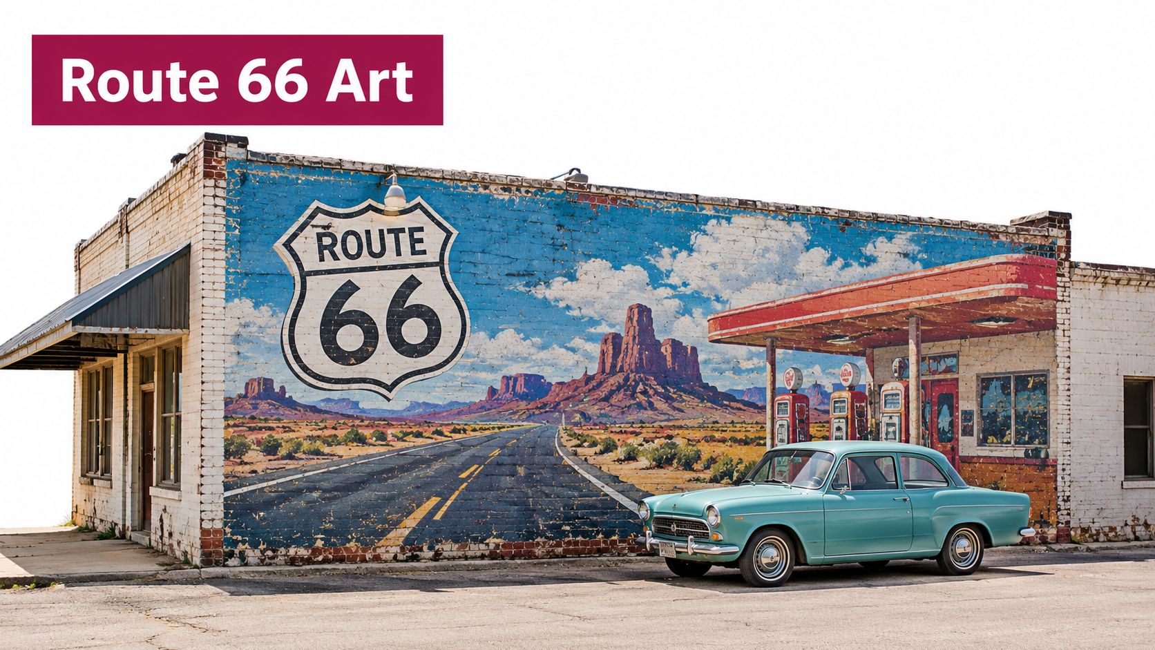 A turquoise vintage car parked in front of a weathered brick building with a Route 66 mural.