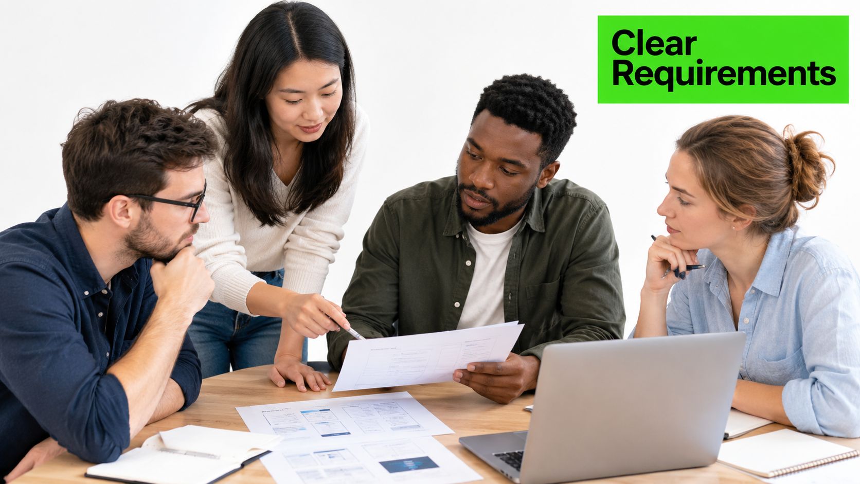 A diverse team of professionals reviewing design documents together at a meeting table in an office.