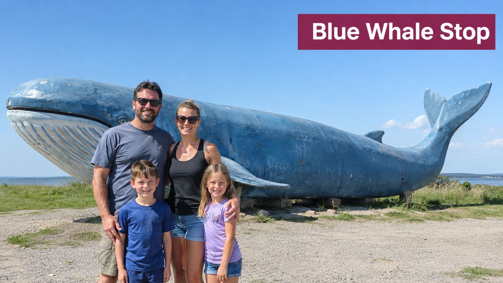 A family of four poses in front of a giant blue whale statue during their summer road trip.
