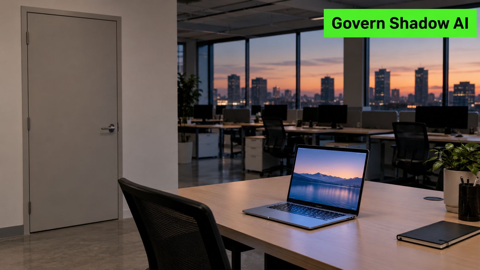 A modern, quiet corporate office workspace featuring a laptop on a desk overlooking a sunset city skyline.