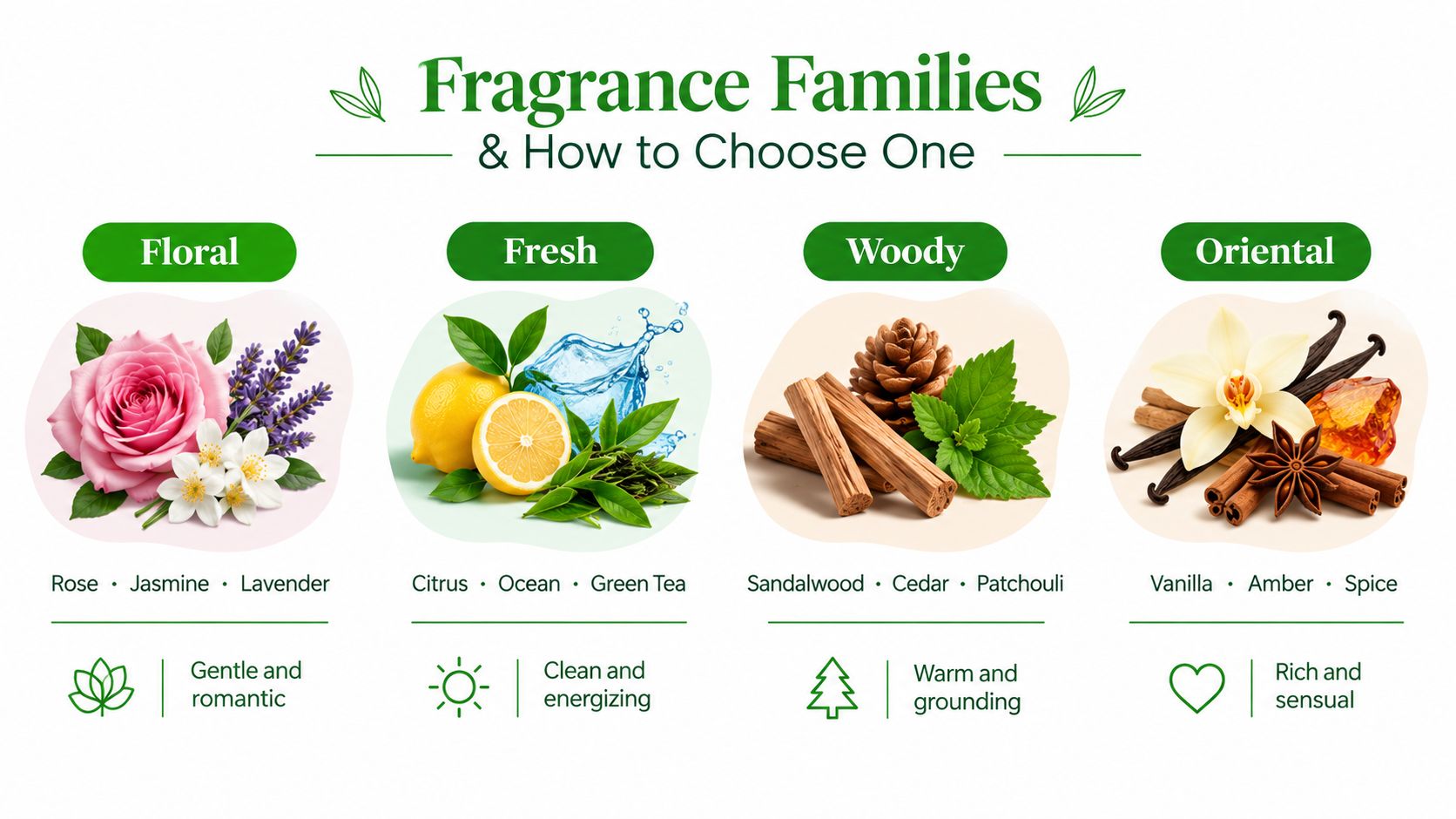 An infographic showing four fragrance families including Floral, Fresh, Woody, and Oriental with their respective scent components.