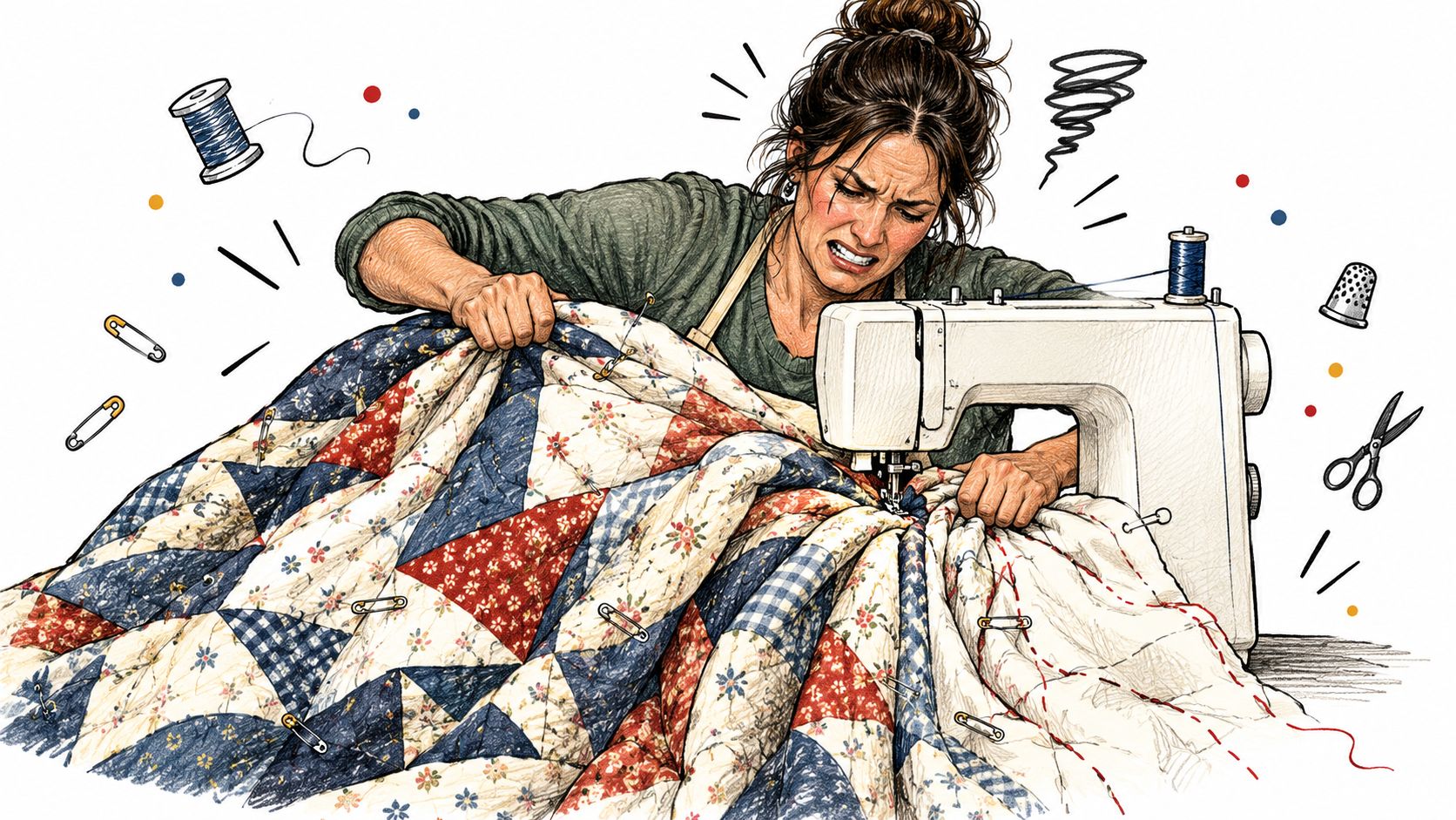 A frustrated woman struggling to sew a large, bulky quilt on a small sewing machine.