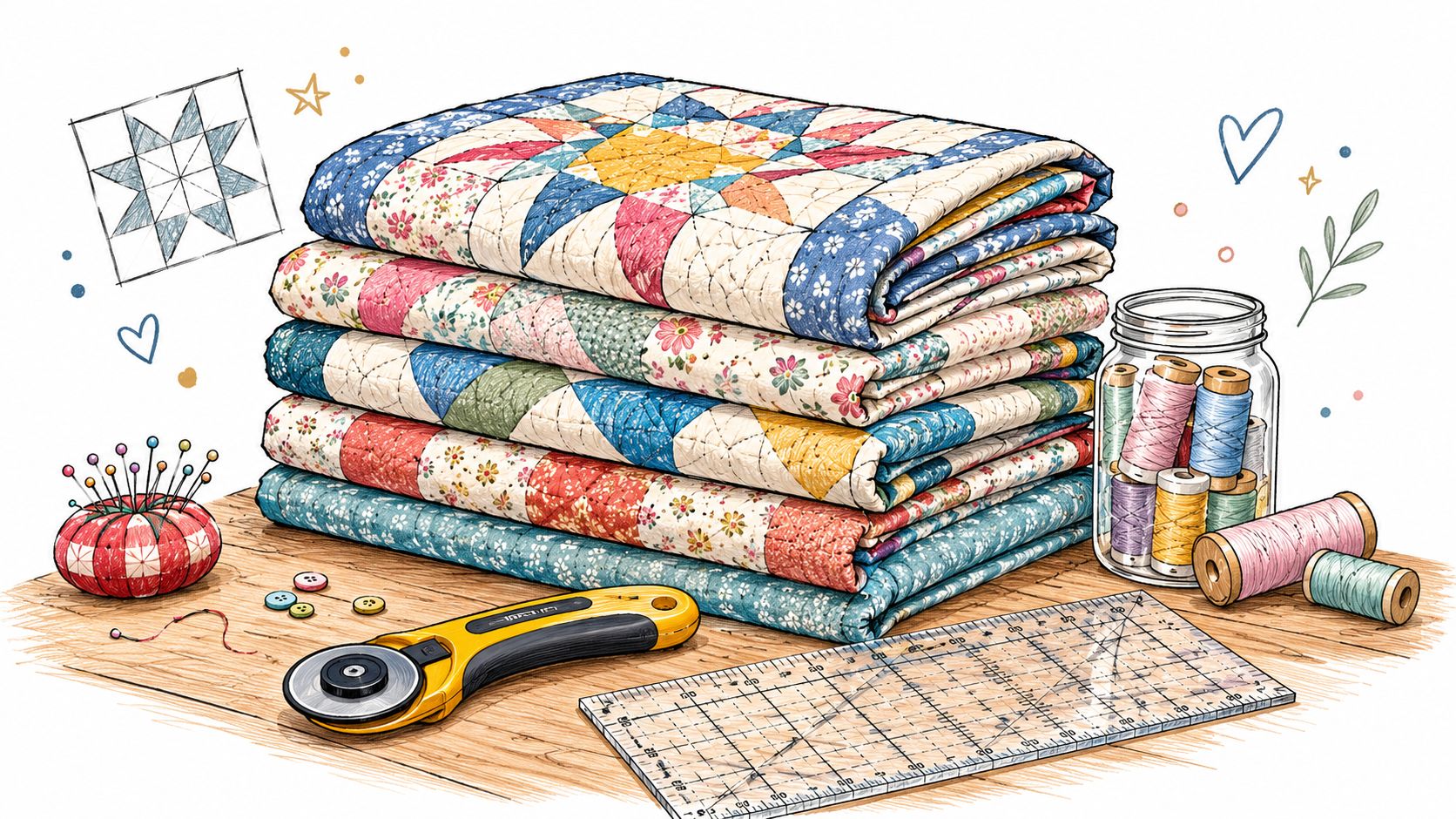 A stack of colorful fabric quilts sits on a wooden table with sewing tools and accessories.