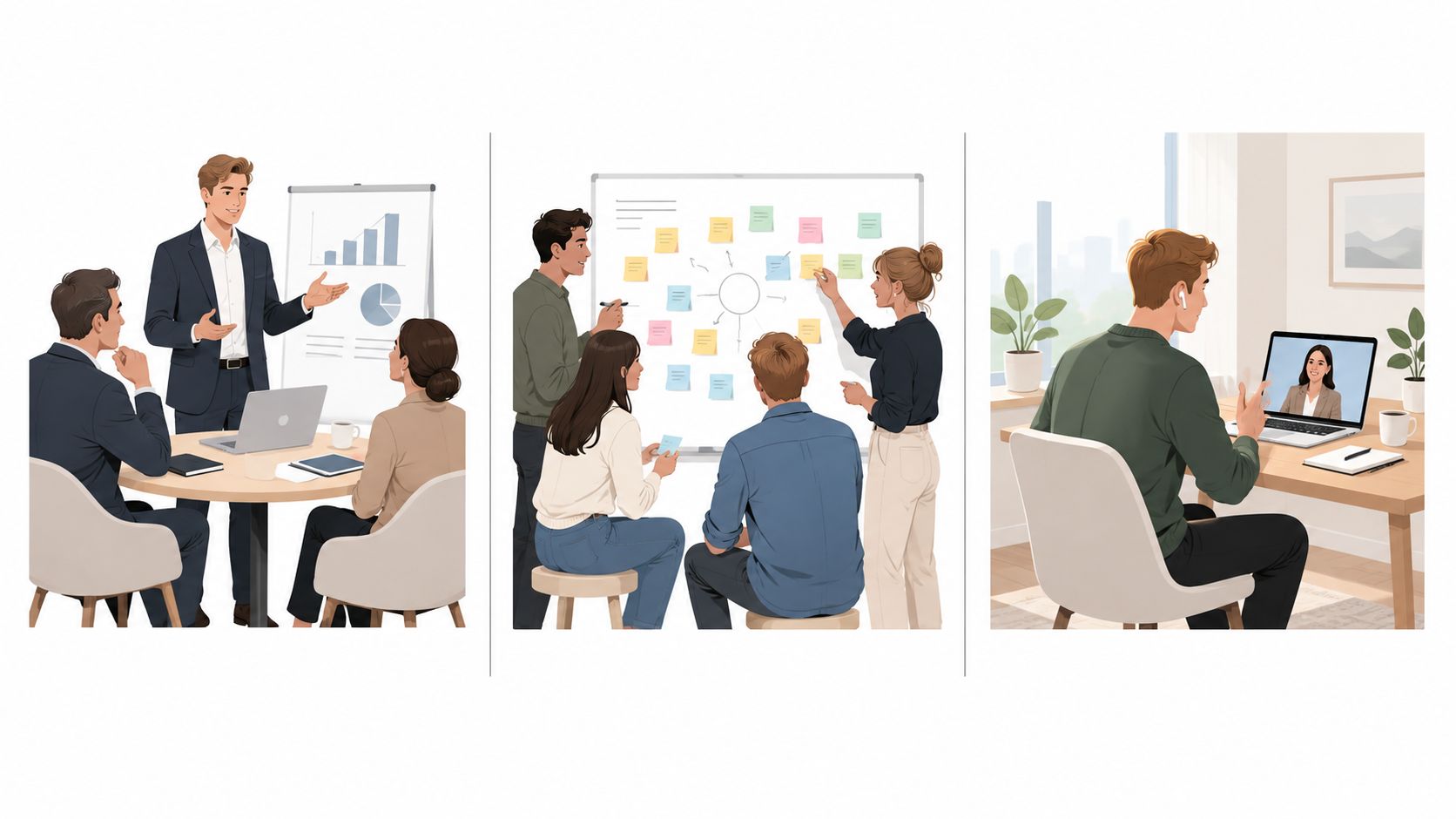A triptych showing a professional team in a meeting, brainstorming with sticky notes, and working remotely.