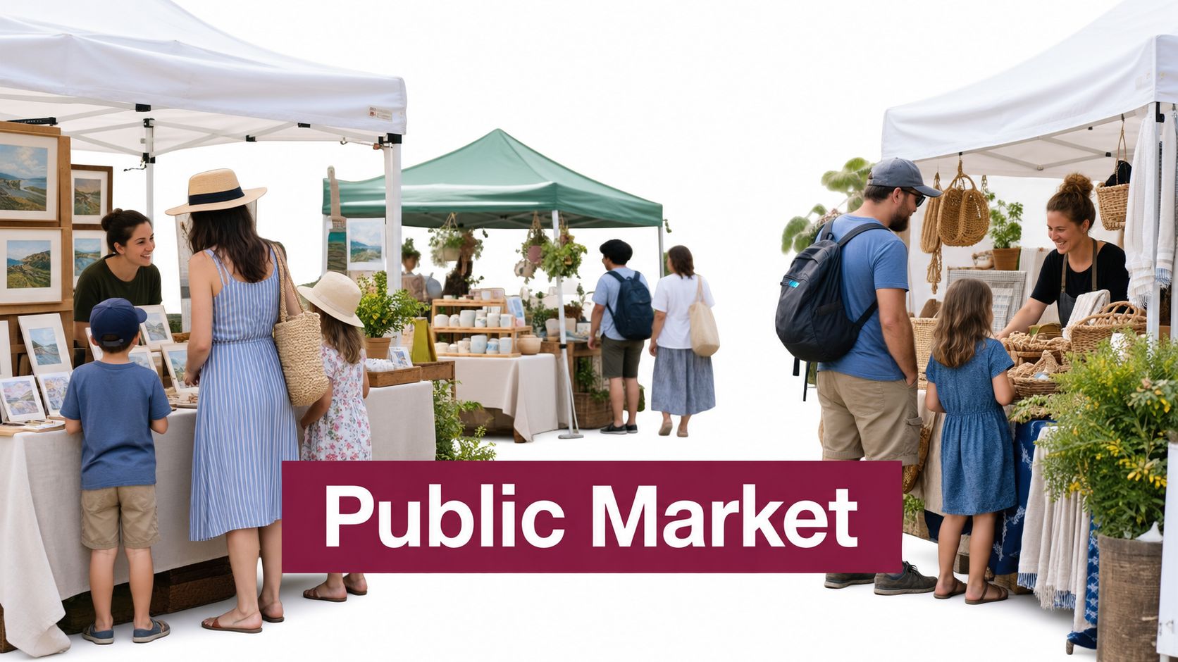 A family shopping at an outdoor public market, browsing through local crafts and art under white tents.
