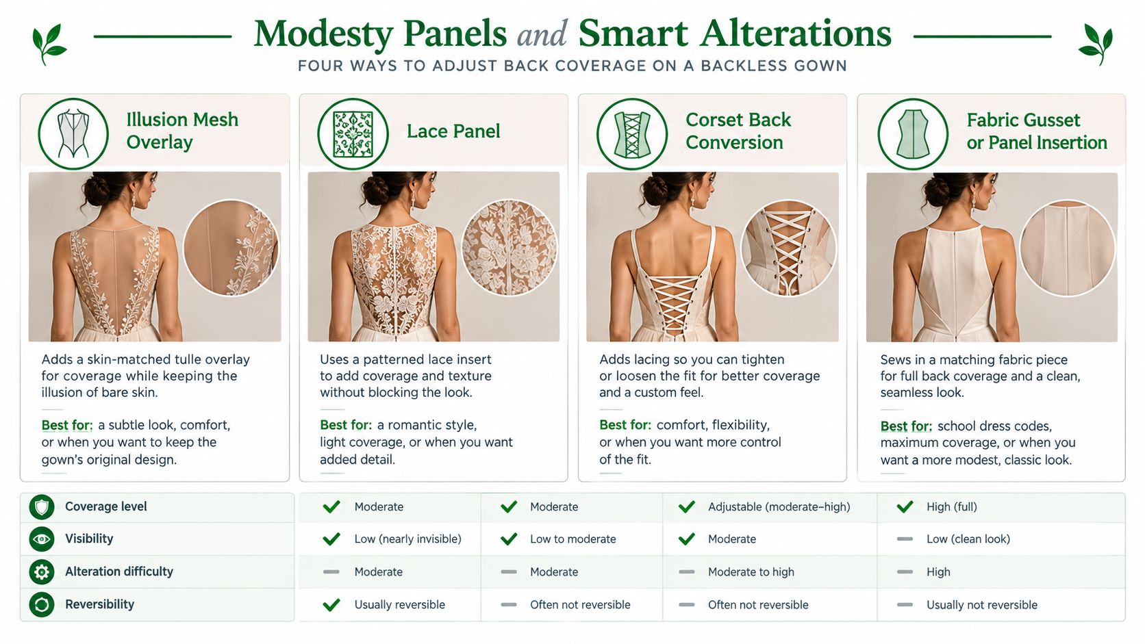 A guide showing four methods to add back coverage to backless gowns including mesh, lace, corsets, and fabric panels.