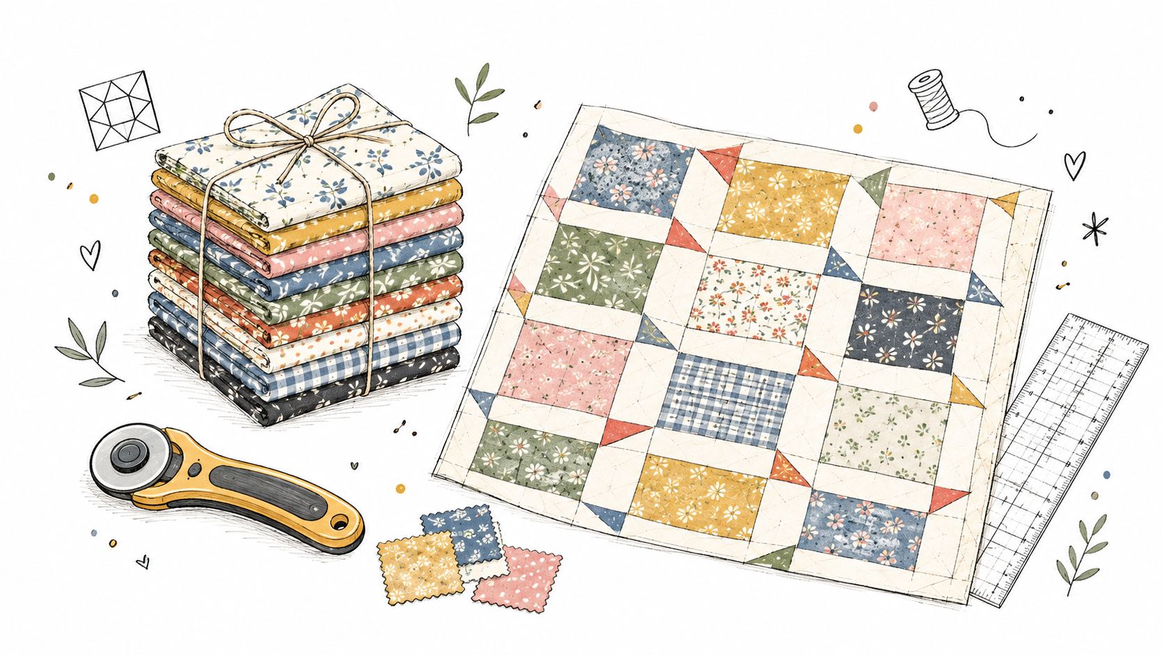 A stack of folded fabric fat quarters next to a handmade quilt, rotary cutter, and quilting ruler.