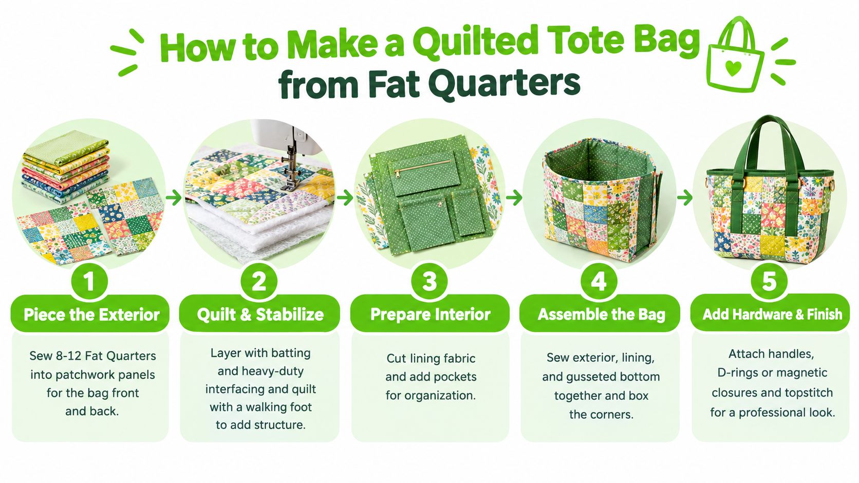 A step-by-step instructional infographic showing how to create a quilted tote bag from fat quarter fabric pieces.