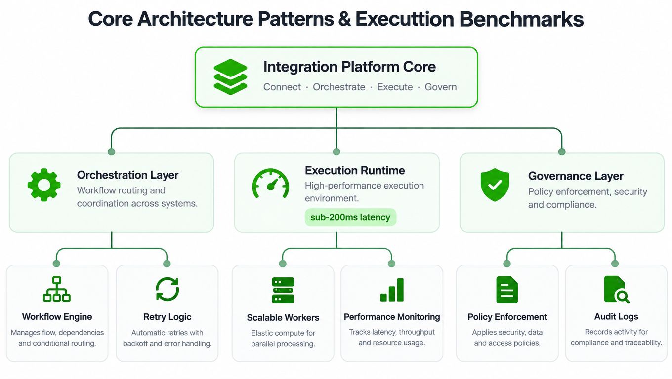 A diagram illustrating the core architecture patterns of an integration platform including orchestration, runtime, and governance layers.