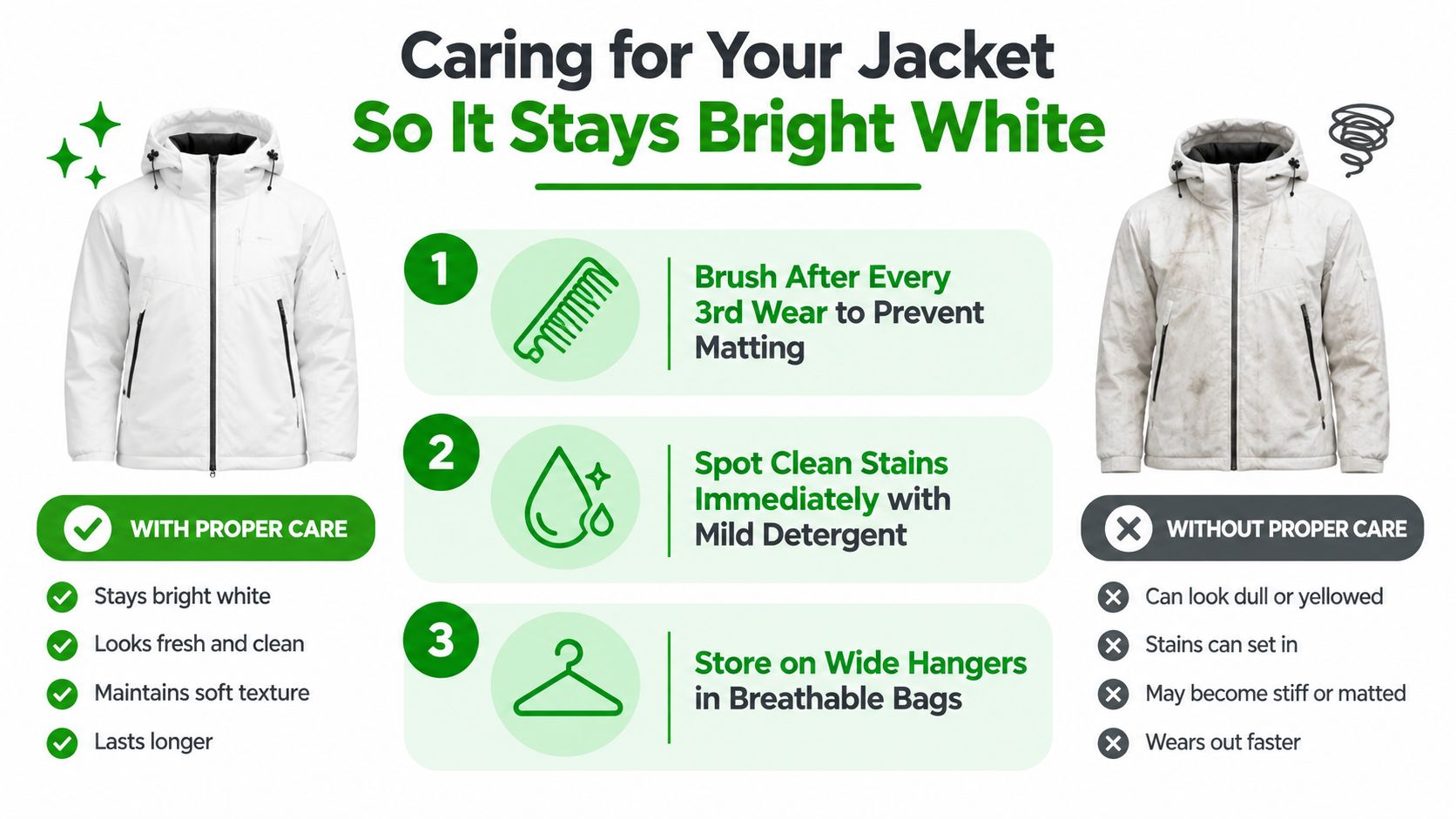 An infographic showing three steps to care for a white faux fur jacket for long-lasting brightness.
