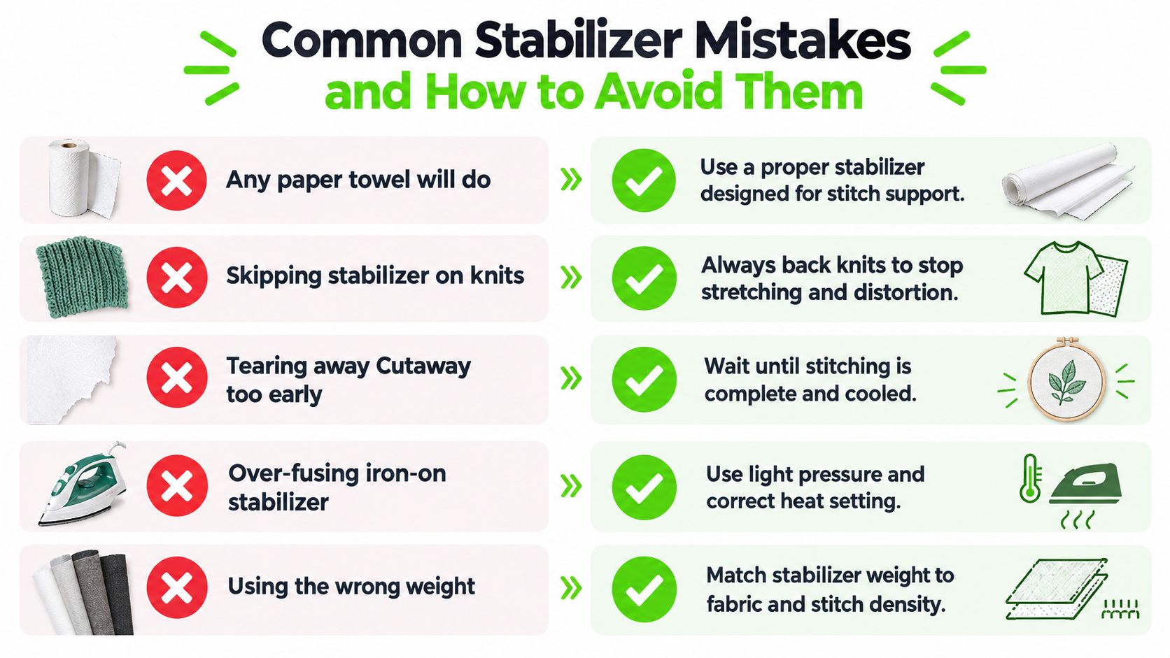 An infographic illustrating common embroidery stabilizer mistakes and the correct solutions to avoid them for better results.
