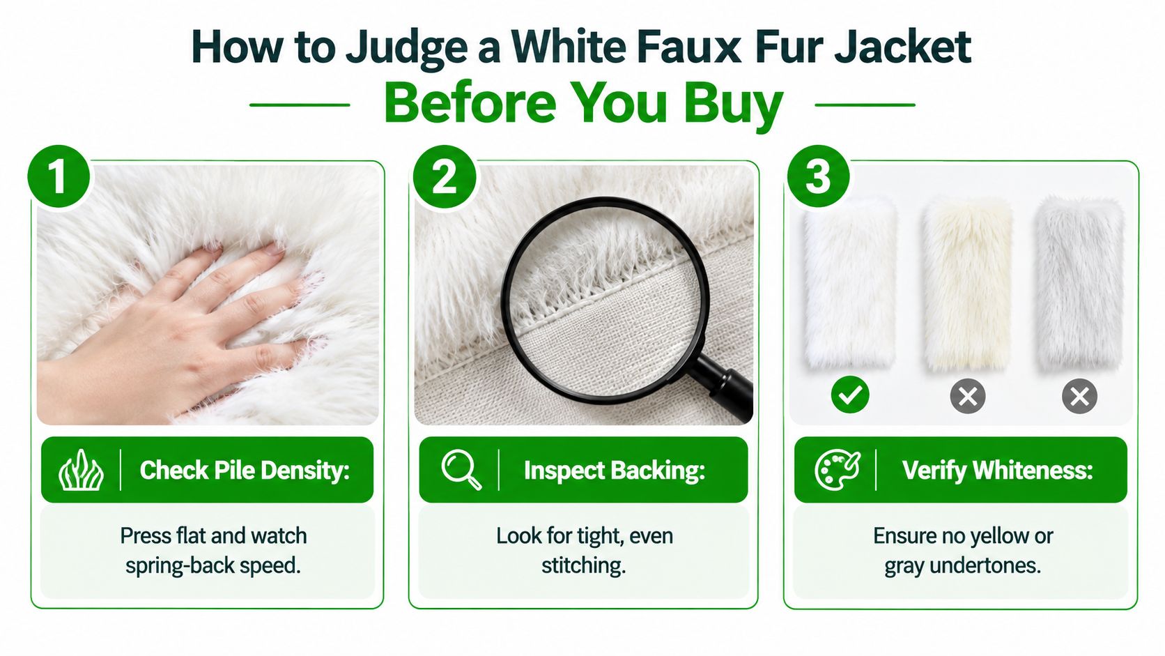 A three-step guide infographic for evaluating the quality of a white faux fur jacket before purchasing.