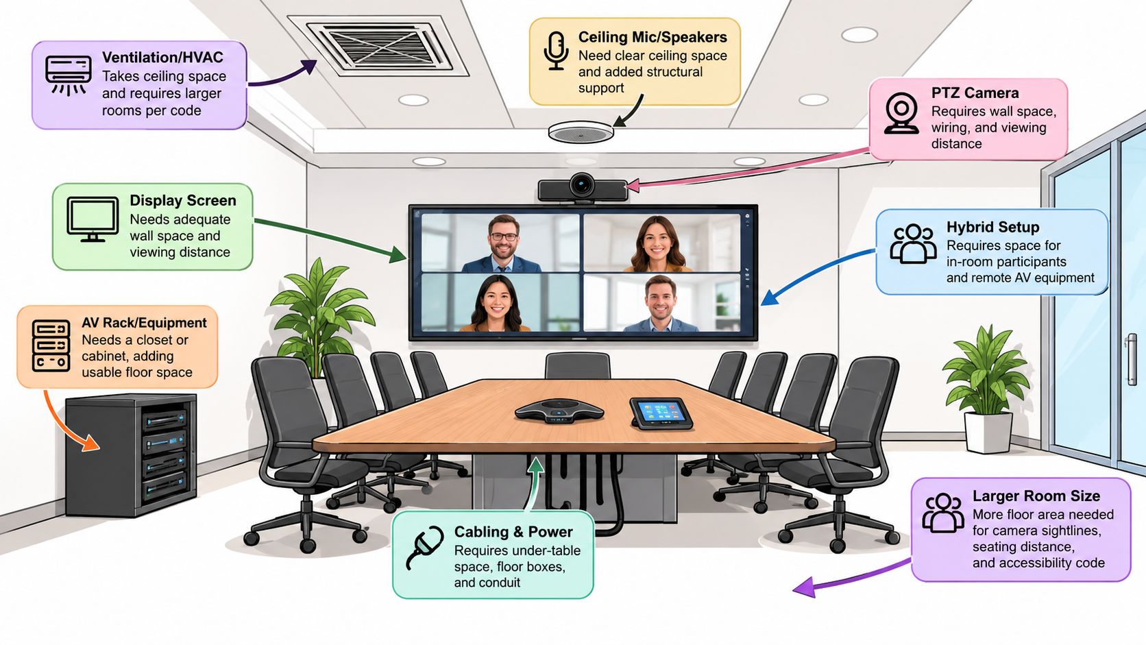 An illustration of a modern conference room highlighting space and equipment requirements for hybrid office meetings.